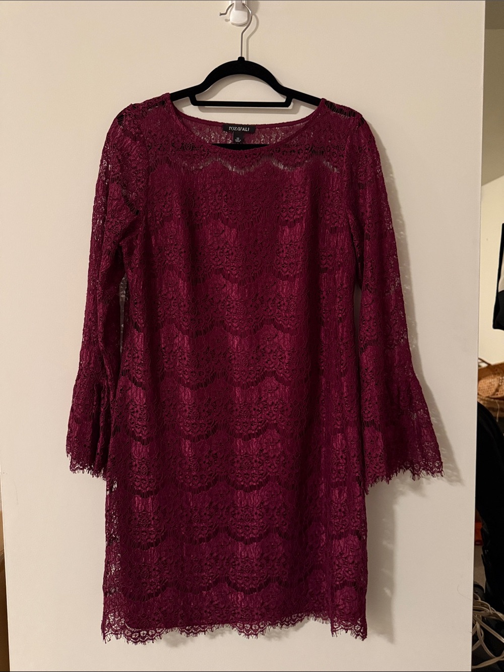 Roz & Ali Wine Lace Shift Dress with Bell Sleeves